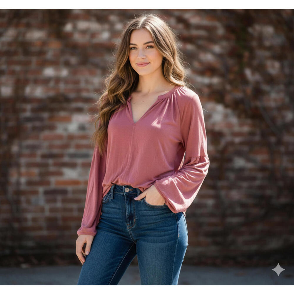 Lucky Brand Women's Long Sleeve V-Neck Blouse Pink Size S - Picture 2 of 8